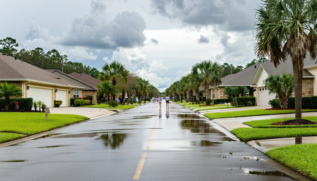 Residential avenue in Florissant with palm trees and wet asphalt after rain.