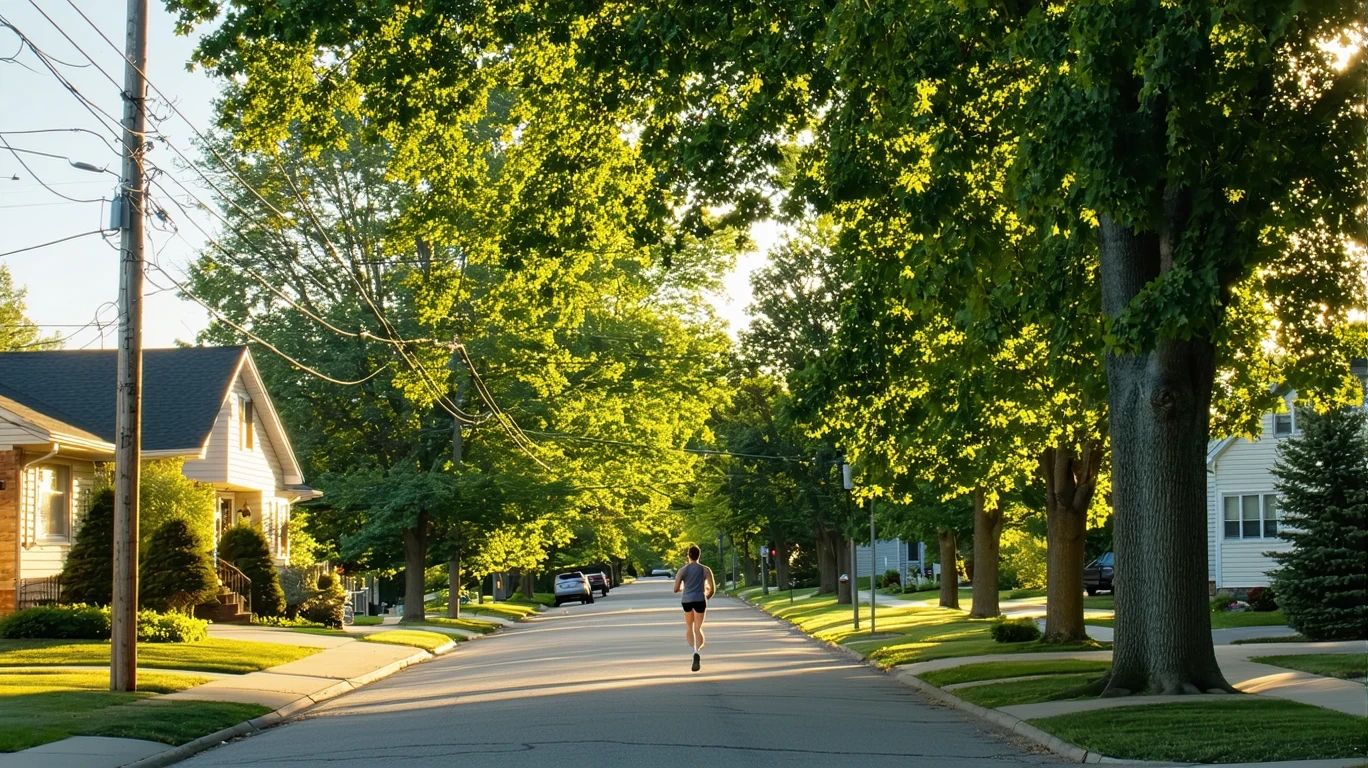 Sunlight shining through maple trees onto a sidewalk in a tidy Bloomington neighborhood with a jogger in the distance.