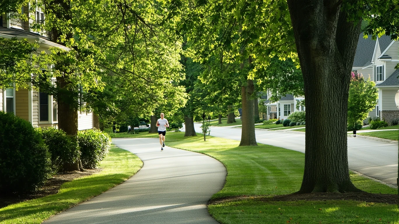 A curving sidewalk under tall trees in a Plymouth neighborhood, with houses visible through the leaves and a jogger in the distance.