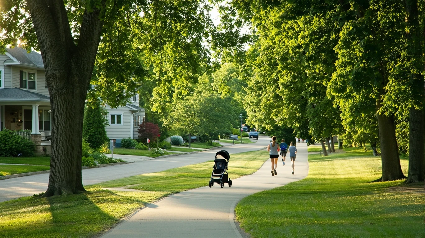A winding sidewalk in a tree-lined Minneapolis neighborhood with joggers and houses visible through the leaves.