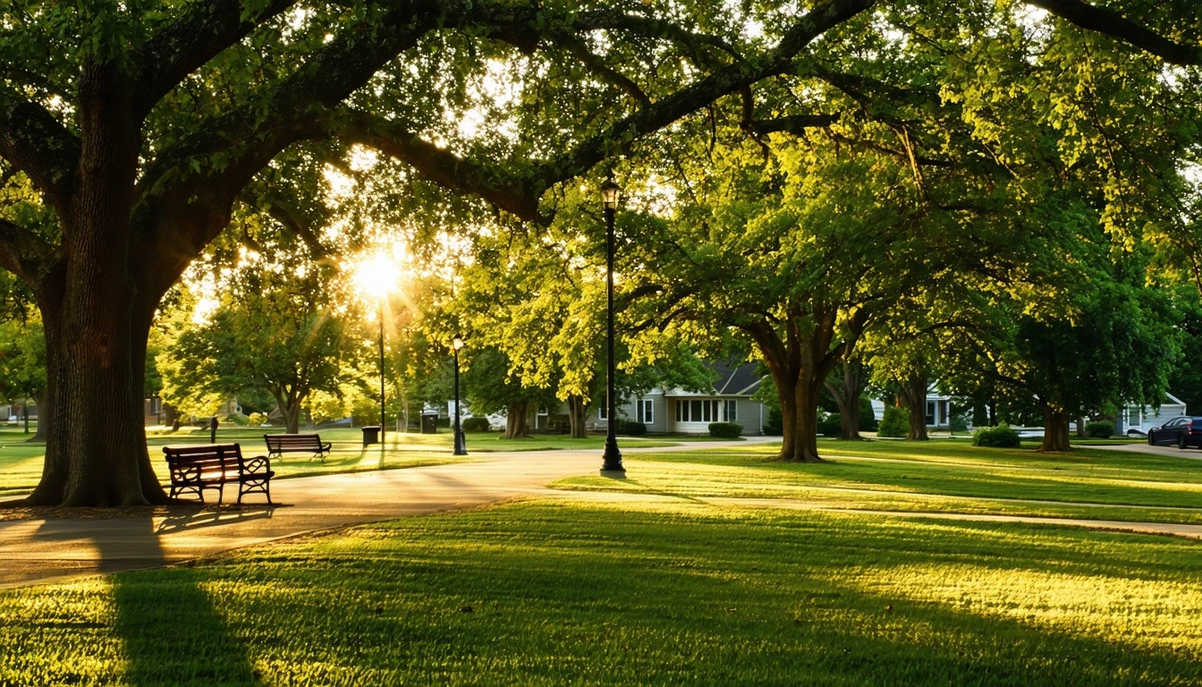 Neighborhood park in Ofallon, Missouri with oak trees, empty benches, and golden hour light on grassy lawn.