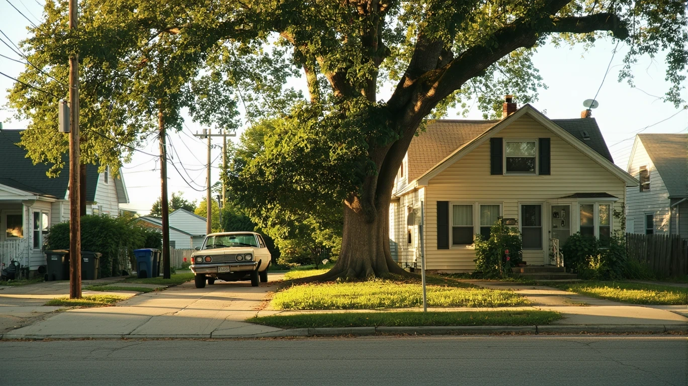 A view of a residential corner in Universal City, Texas with small single-story homes, yards, a parked car, and visible power lines.