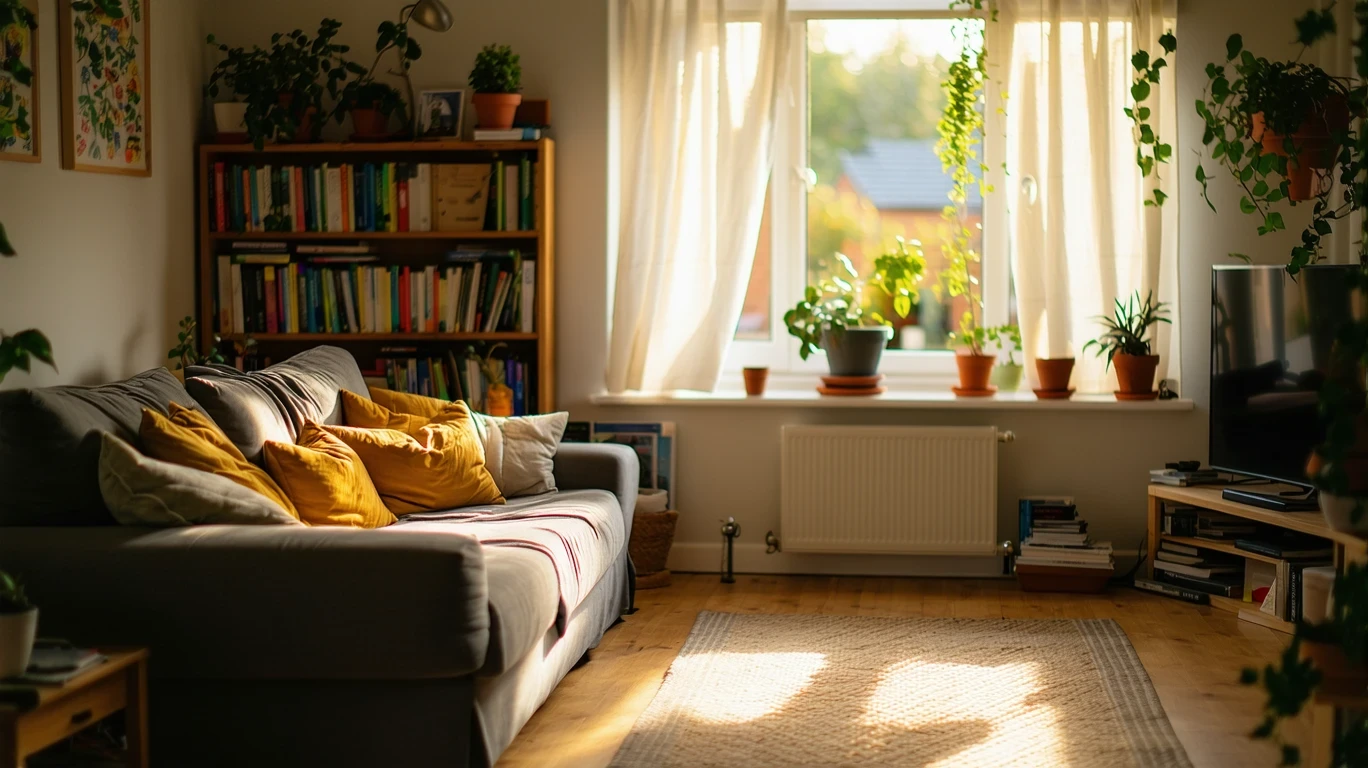 A warmly lit living room with a couch, bookshelf, and sheer curtains in a Converse home.