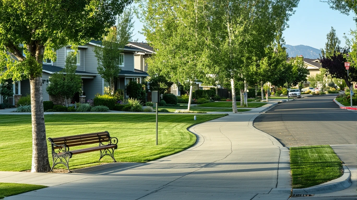 A suburban park in Mountain View with a path, bench, and homes visible across the street.