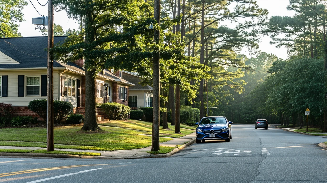A residential street corner in Sandy Springs with modest homes, yellowing grass, and an older parked car.
