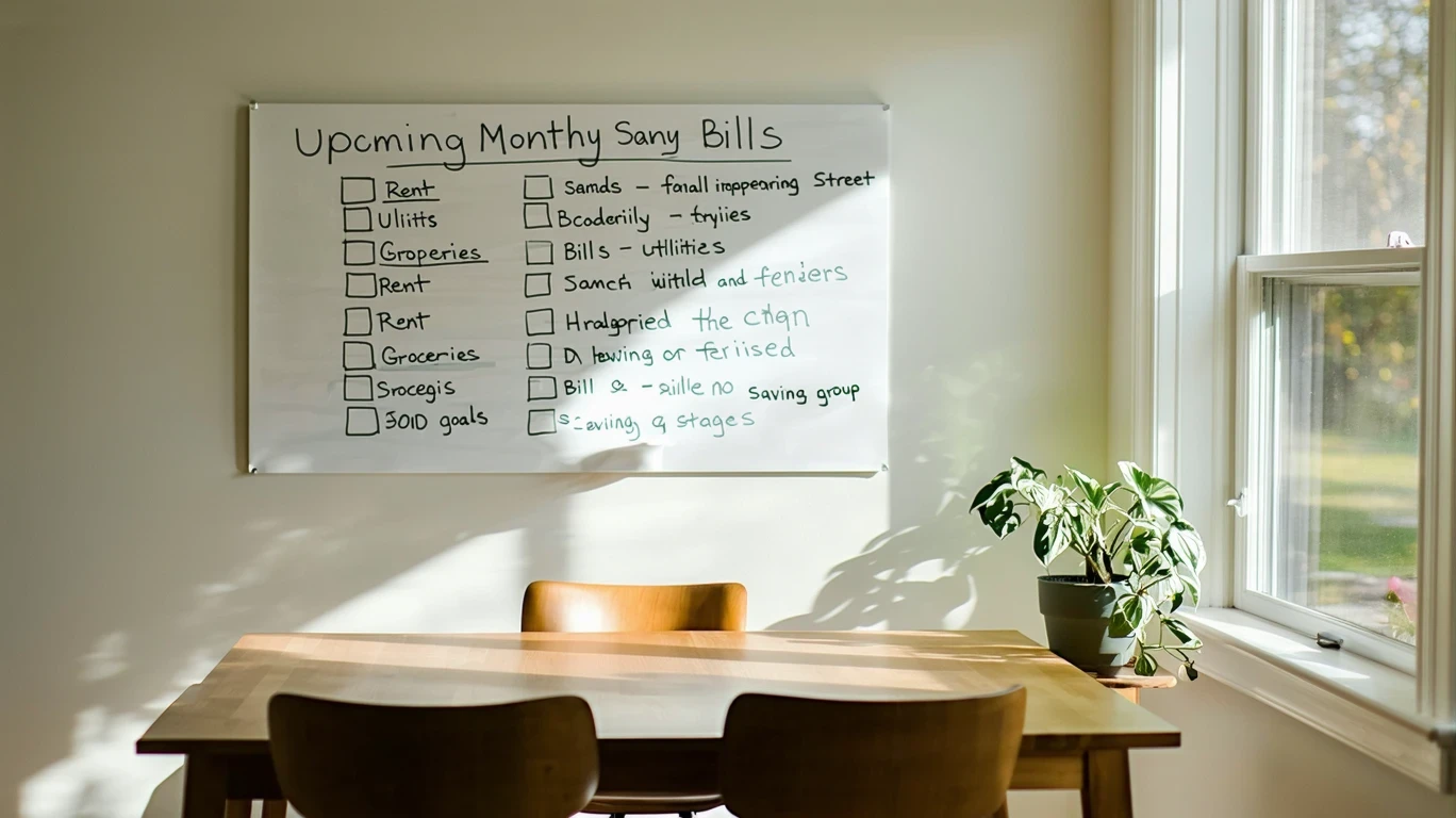 A whiteboard with a monthly budget written on it hangs on the wall of a simply furnished dining room.