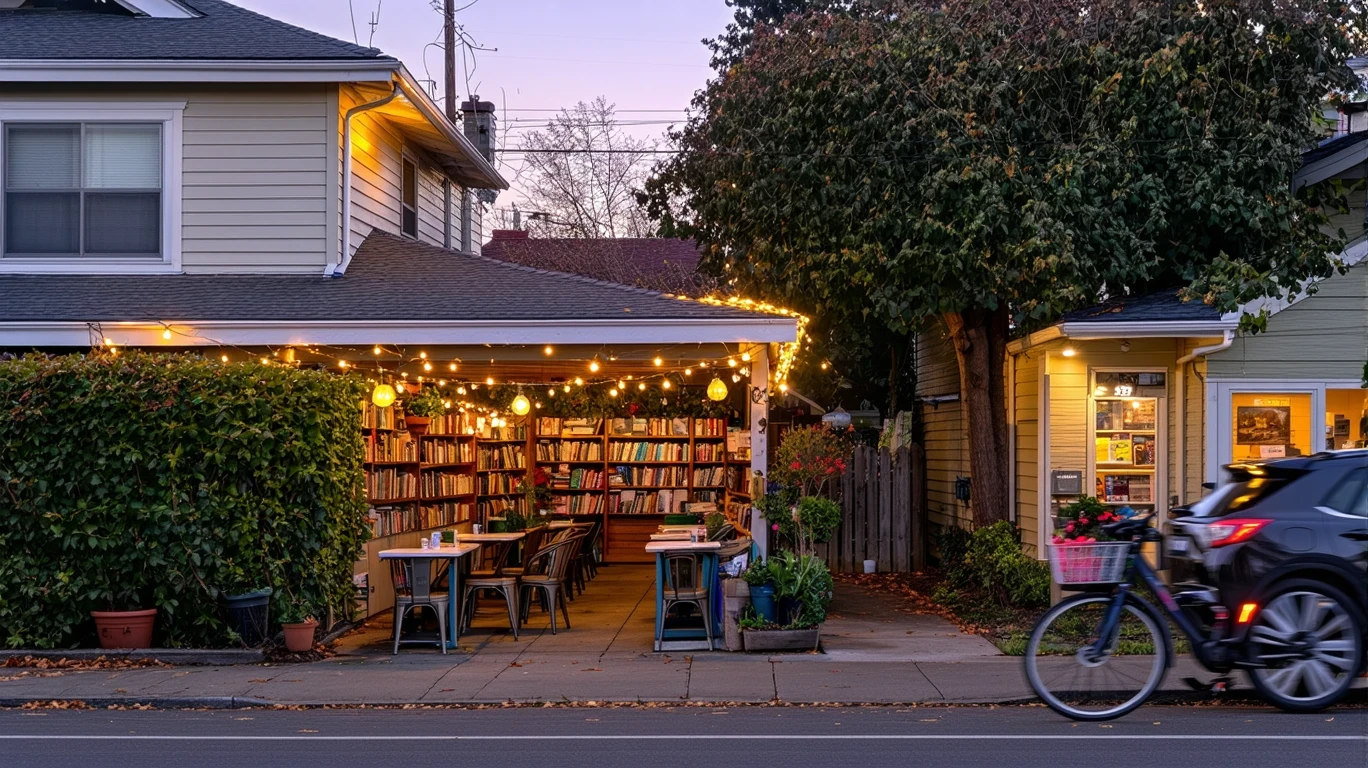 A quaint street in Sunnyvale with small shops and Craftsman homes at dusk.