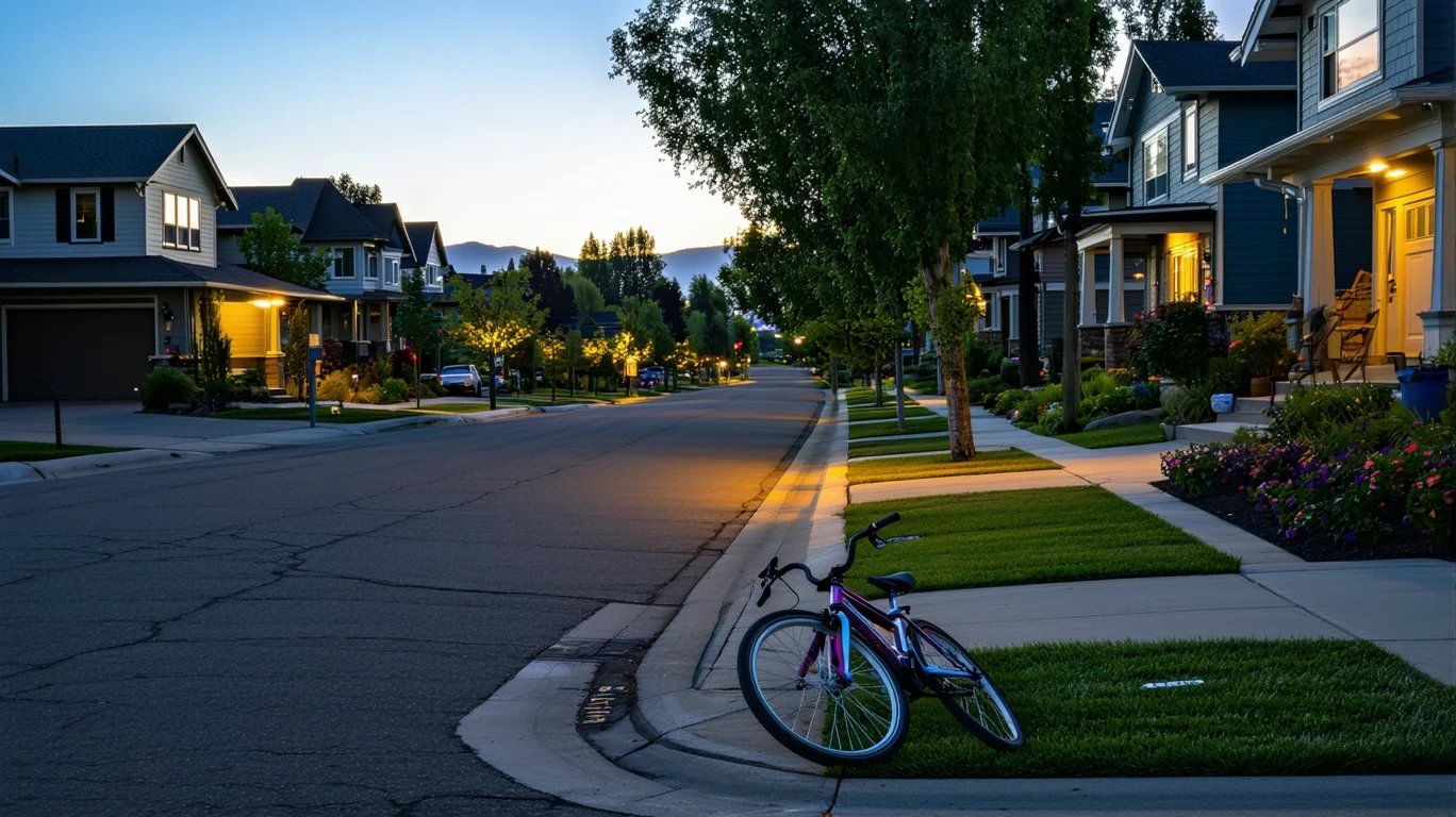 Dusk falls on a Mountain View cul-de-sac with craftsman homes and a child's bicycle by the curb.