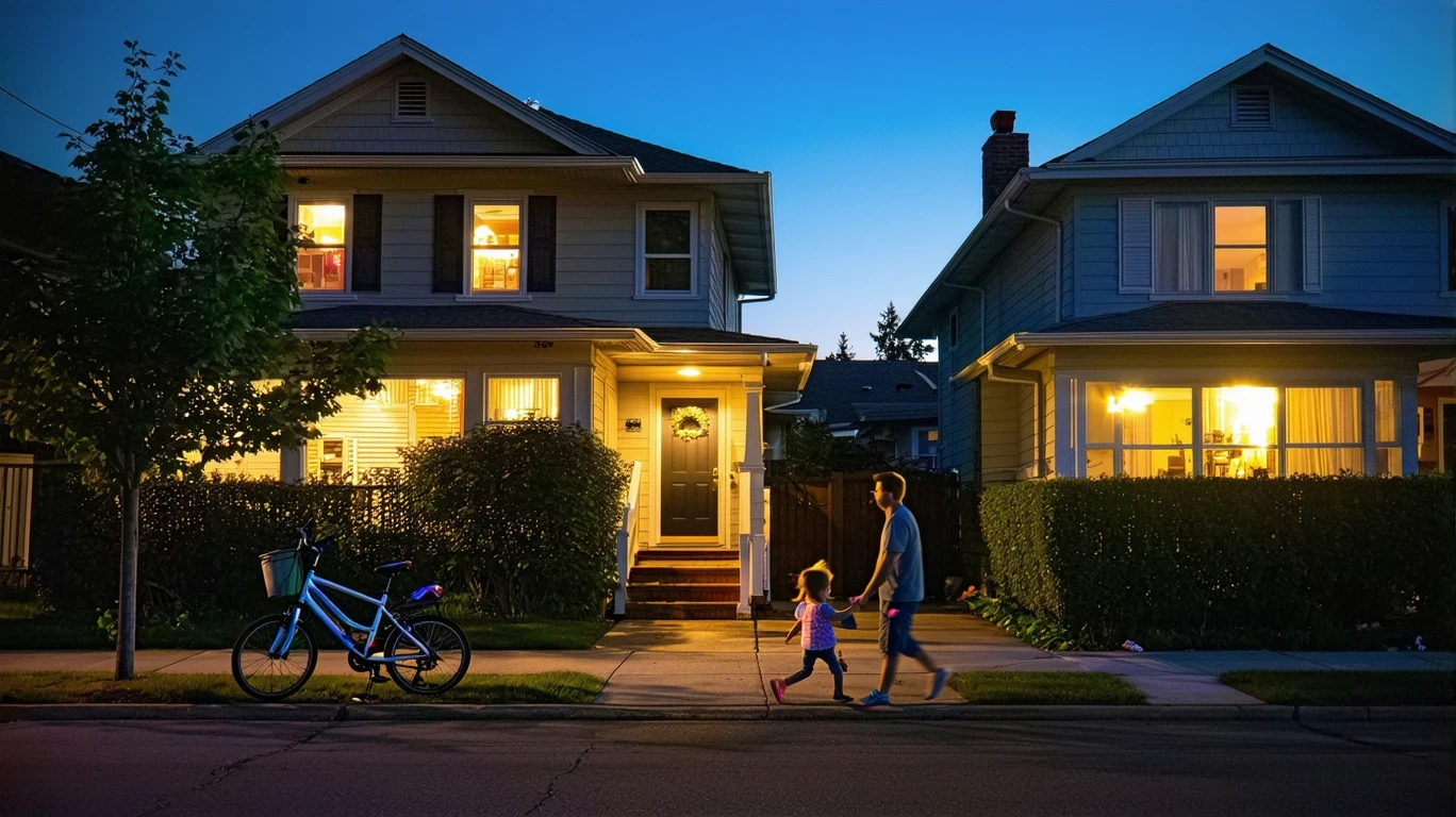 A Sunnyvale cul-de-sac at dusk, with neat two-story homes, bicycle on the curb, and father walking with his young daughter.