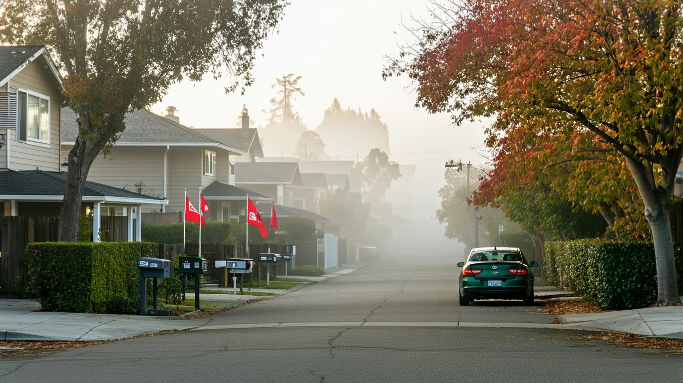 A foggy morning in a Mountain View neighborhood with Craftsman homes, autumn-toned maple, and an old sedan in the driveway.