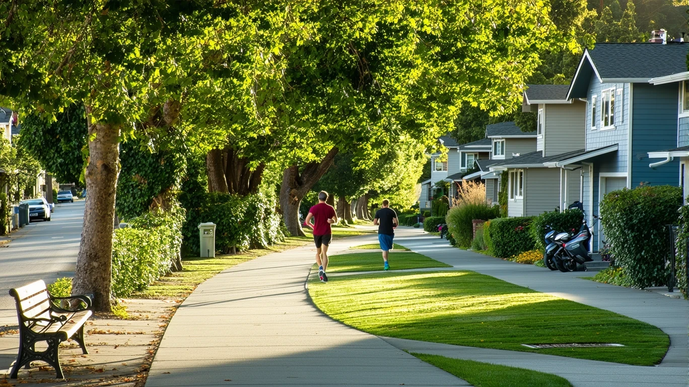 Tree-lined residential street in San Jose with jogger on the sidewalk and houses visible through the leaves.