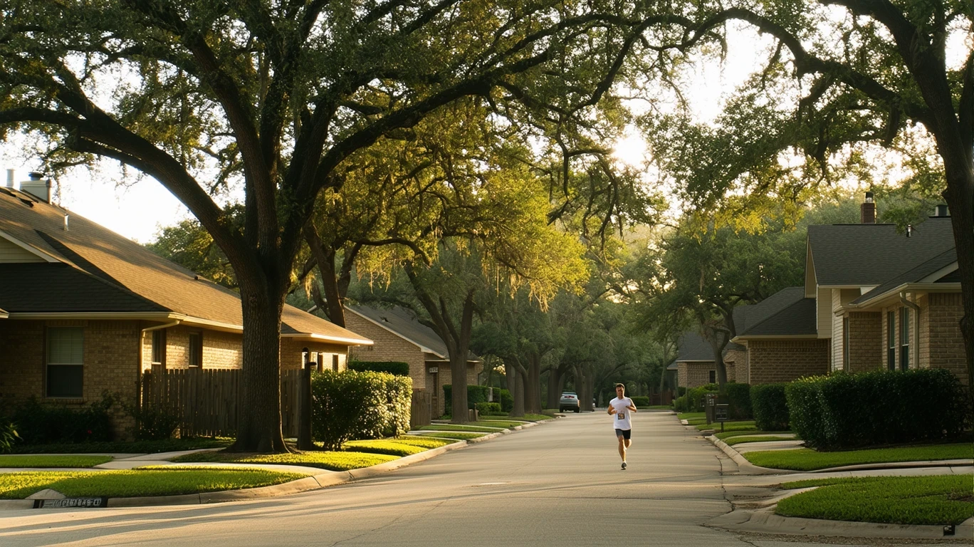 Peaceful New Braunfels, Texas neighborhood in morning light with trees, lawns and a jogger in the distance.