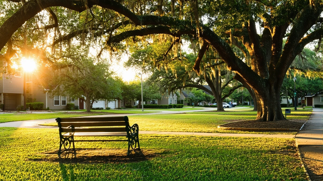 Serene neighborhood park in San Antonio with oak trees, empty benches, and golden-hour light on the grass.