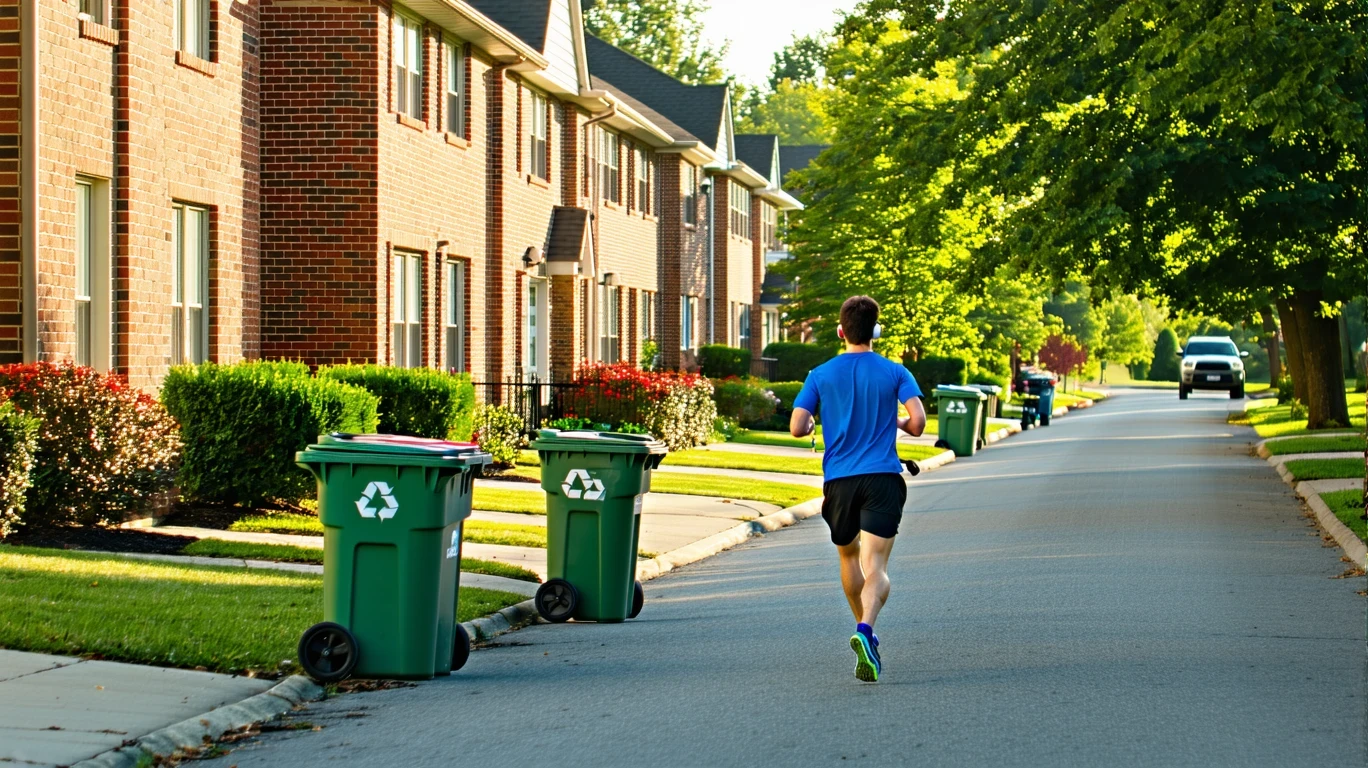 A calm residential street in Converse lined with brick houses and recycling bins out for pickup.