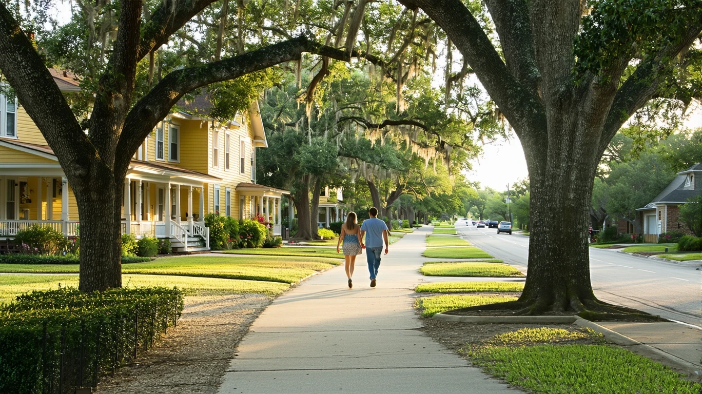 A winding sidewalk under a canopy of tall trees in a New Braunfels neighborhood, with houses partially visible through the foliage.