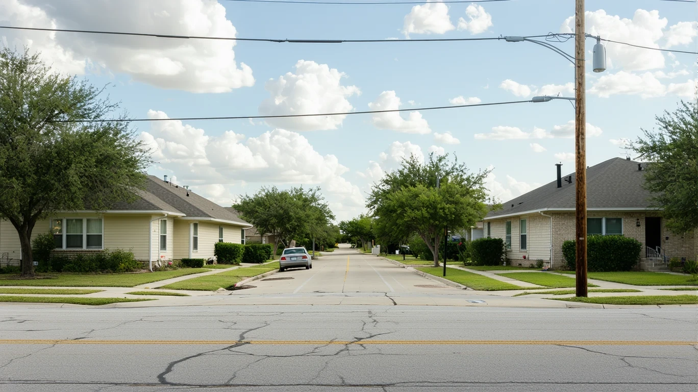 A corner view of a residential street in San Marcos, Texas with older homes, patchy lawns, a parked car, and overhead power lines.