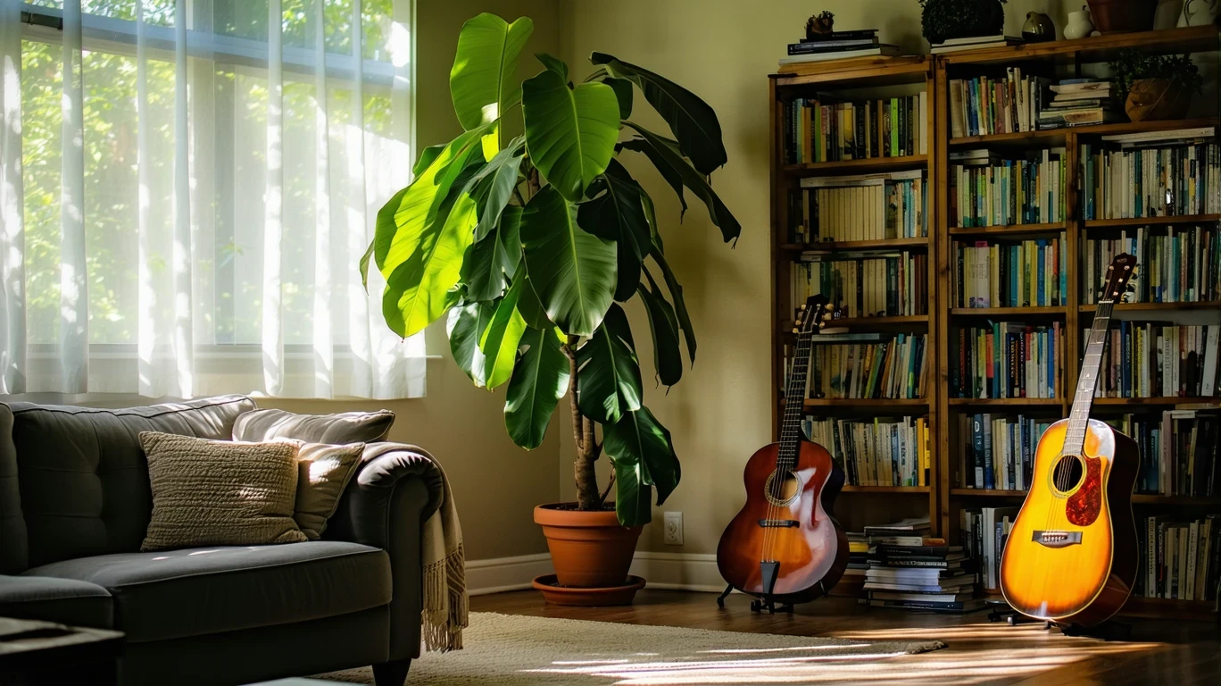 Sunlight fills a inviting living room with a couch, bookshelf, houseplant and guitar in San Antonio, Texas.