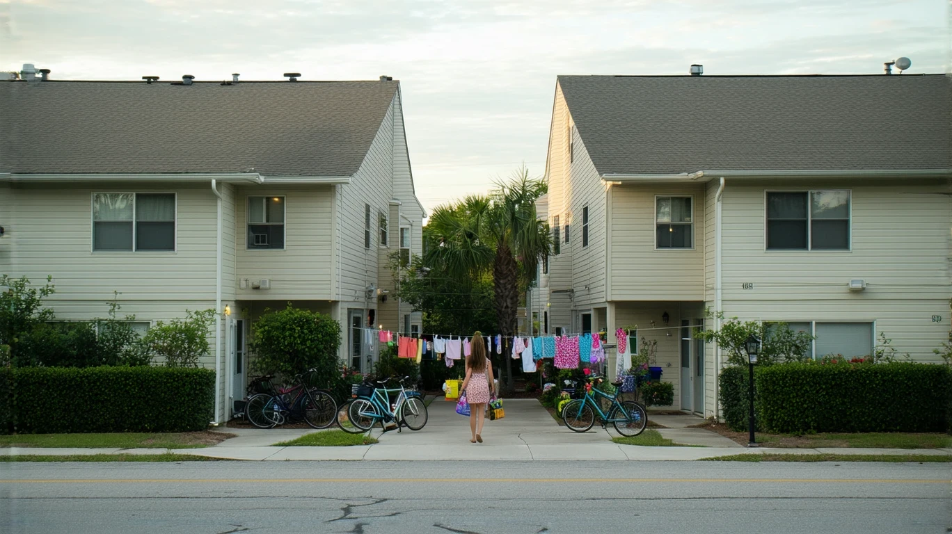 Modest apartment building in Plant City with bicycles by the doors and beach towels hanging to dry.