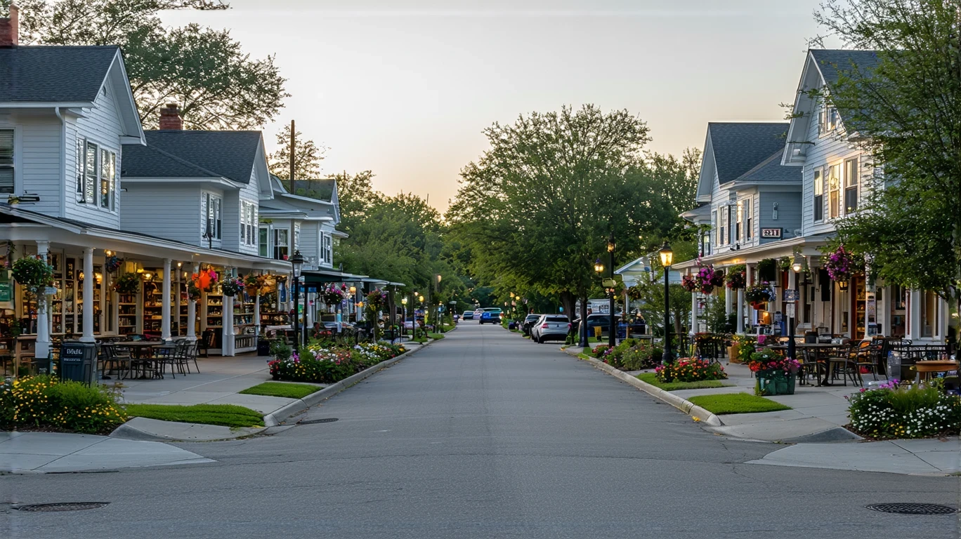 A quaint street in Lakeland lined with small local businesses, sidewalk planters, and patio seating.