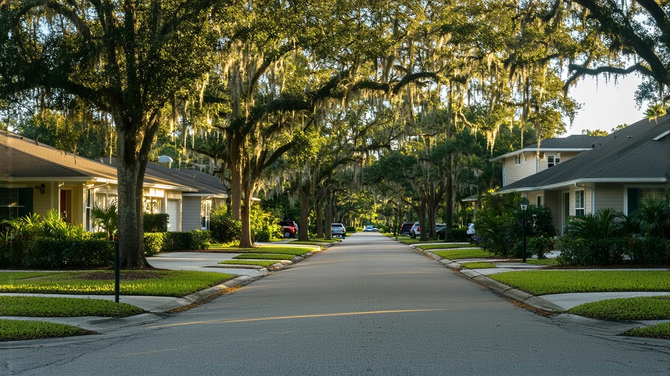 A quiet suburban street in Brandon, Florida in the early morning light, with small single-story homes and oak trees.