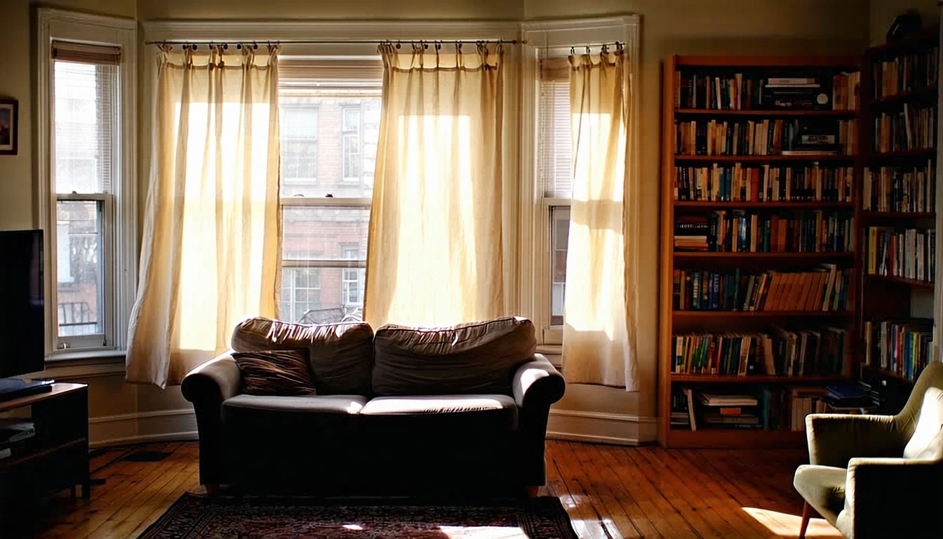 Sunlight streams into a cozy living room with a couch and bookshelf in a historic Kansas City, Kansas home.
