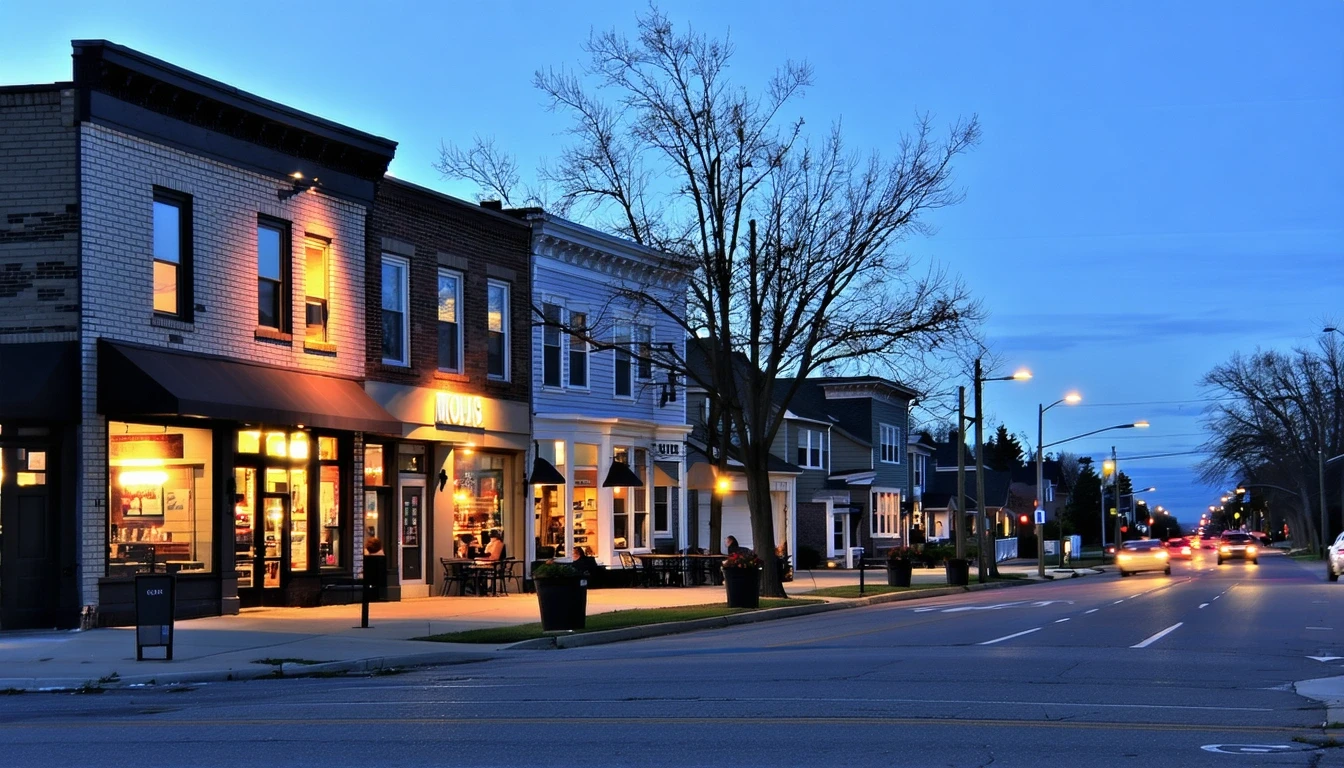 A Lenexa, Kansas street at dusk with local storefronts next to a residential neighborhood, showing outdoor cafe seating and sidewalk planters.