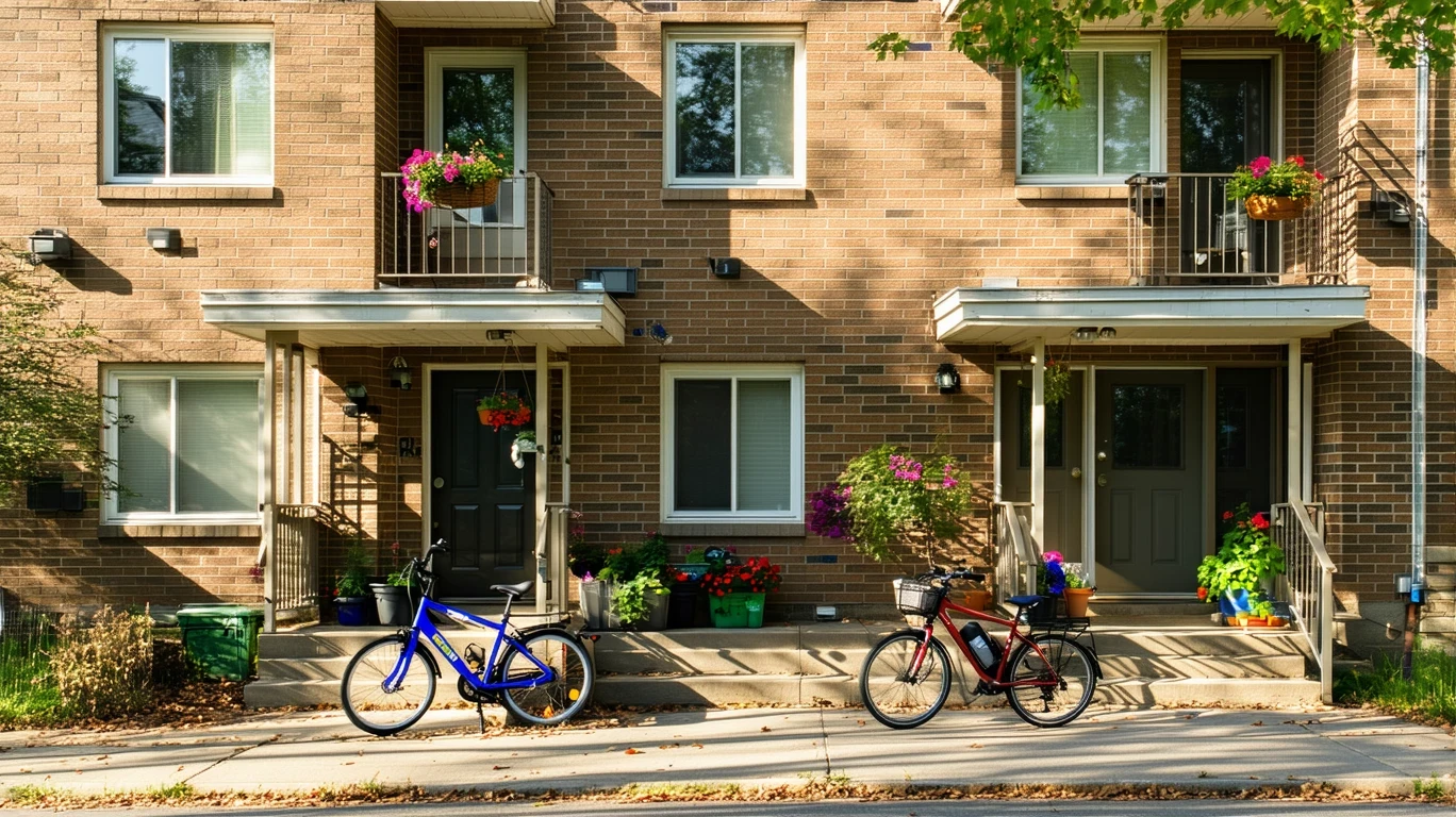 A small brick apartment building in Shively with bicycles parked on the shaded front porch.