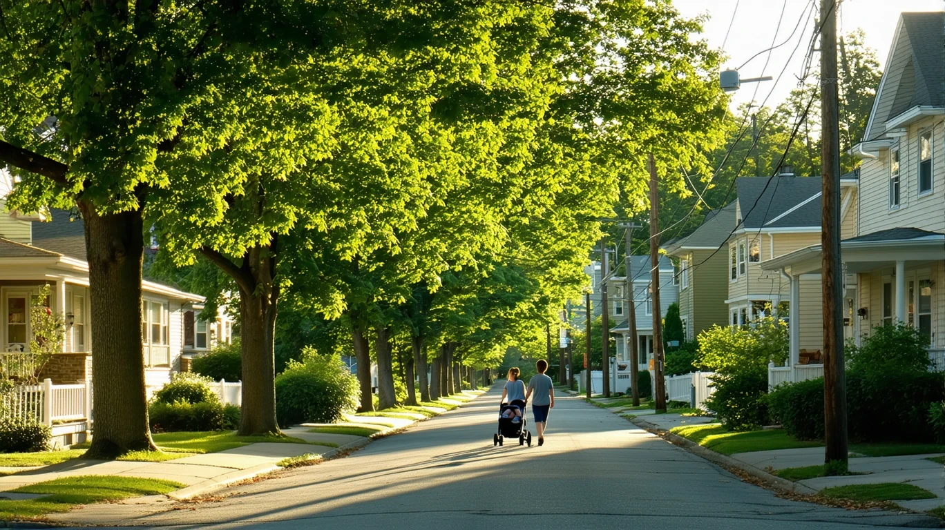 A quiet suburban street shaded by maple trees, with telephone wires above and a couple pushing a stroller down the sidewalk.