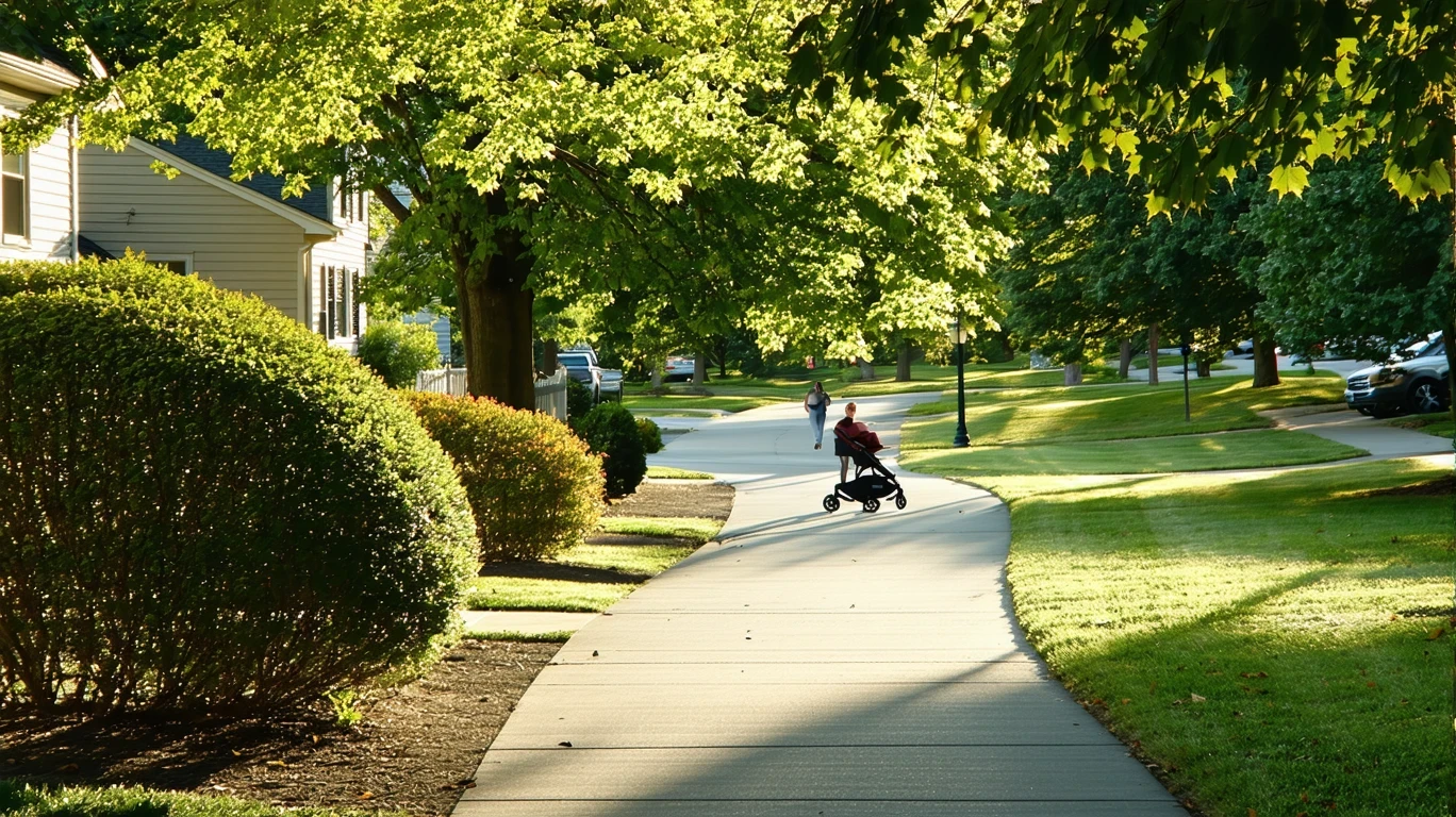 A curving sidewalk under tall trees in a neighborhood, with houses partially visible through the foliage and a couple walking in the distance.