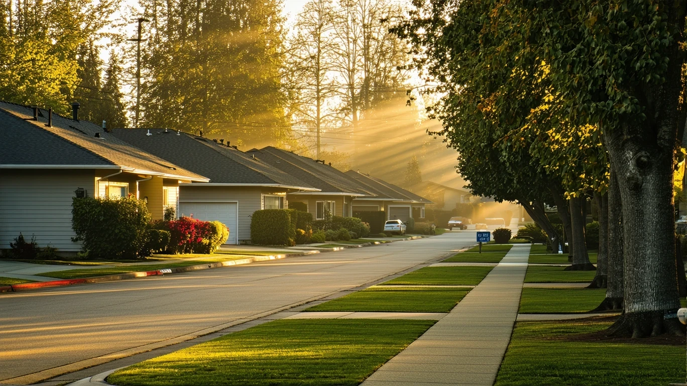 Tualatin neighborhood street at sunrise, with one-story homes, sidewalks, and long tree shadows in the misty morning light.