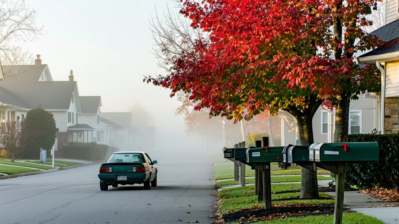 A foggy suburban street with mailboxes, an old car, and colorful fall foliage.