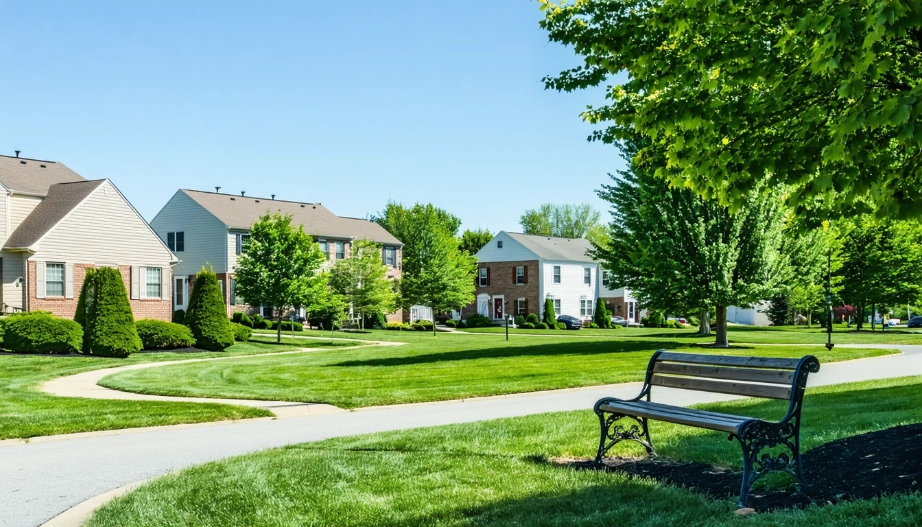 A view of a tidy neighborhood park in Silver Spring, Maryland with trimmed hedges and a bench.