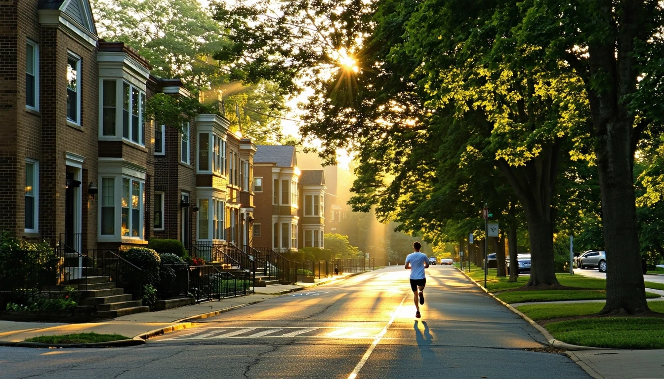 A peaceful Washington D.C. neighborhood street at sunrise, with long shadows, brick homes, and a person jogging.  ==image