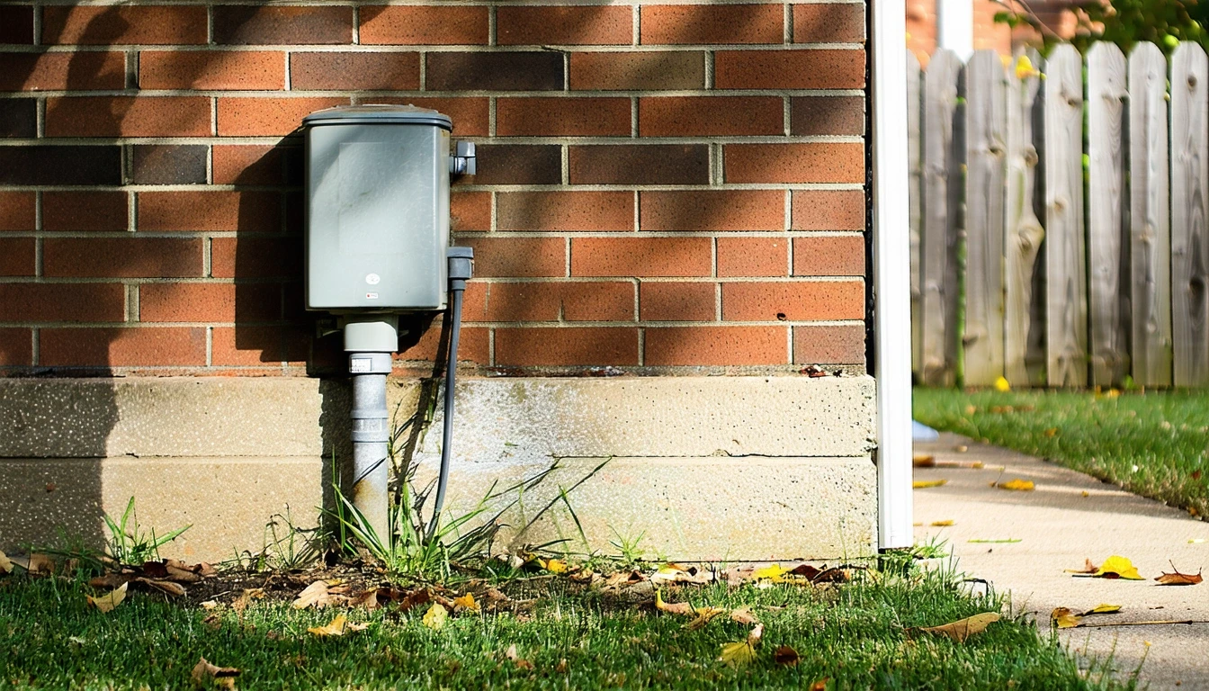 A gas meter on the side of a brick house, with weeds and cobwebs around the base.