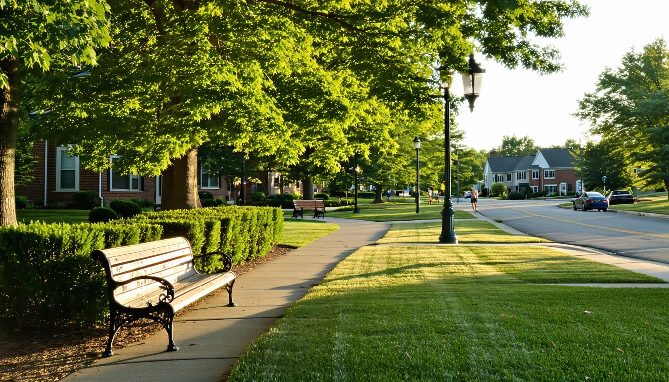 A neighborhood park in Silver Spring, Maryland, with trimmed hedges, a bench, and people strolling on a summer afternoon.