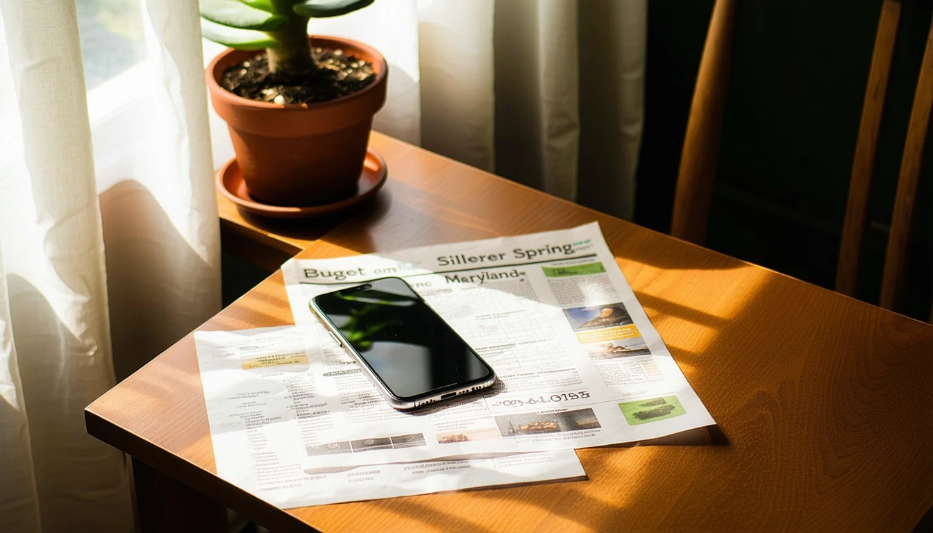 A smartphone on a table with a receipt, handwritten budget notes, and a takeout menu.