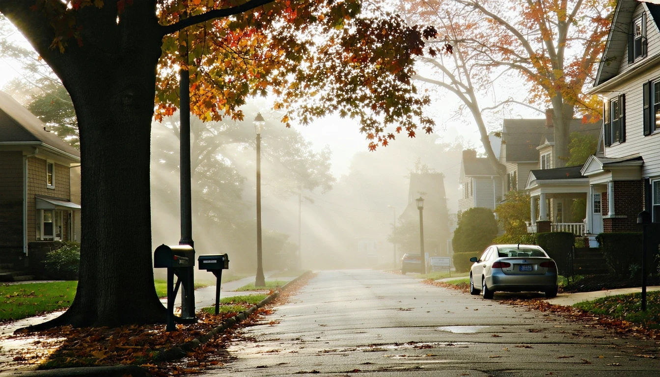 A foggy morning street in suburban Silver Spring, Maryland with mailboxes, an old car under a tree, and single-family homes.