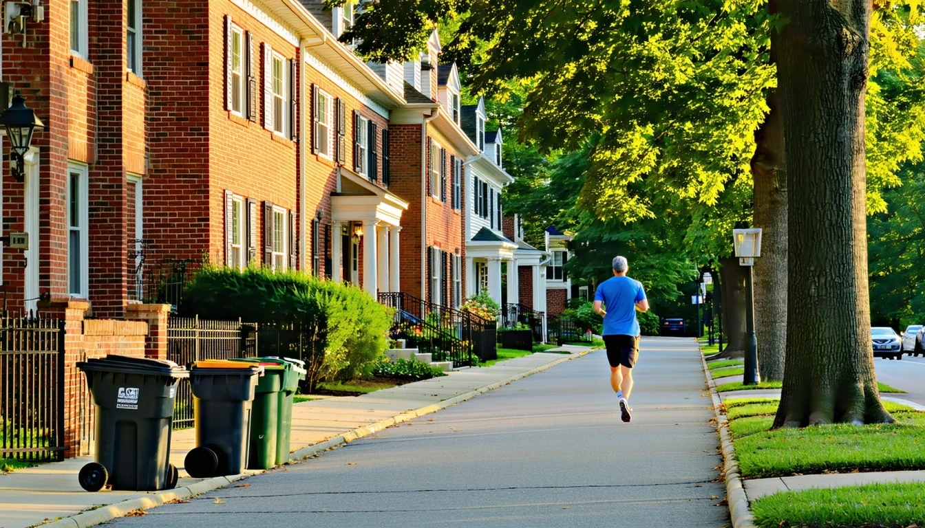 A jogger runs past a row of red-brick Colonial homes on a sunny fall morning in Bethesda, Maryland.