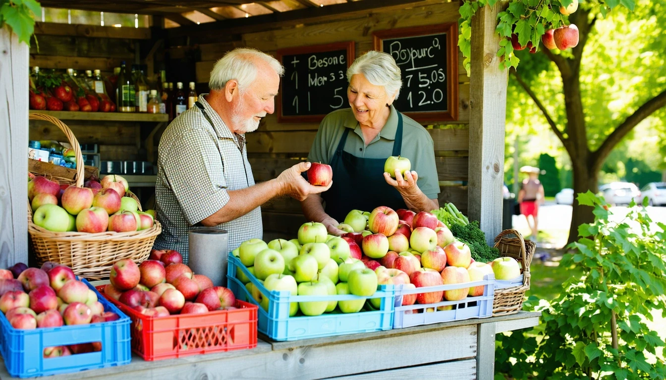 An older couple comparing apples at an outdoor produce stand on a sunny day.
