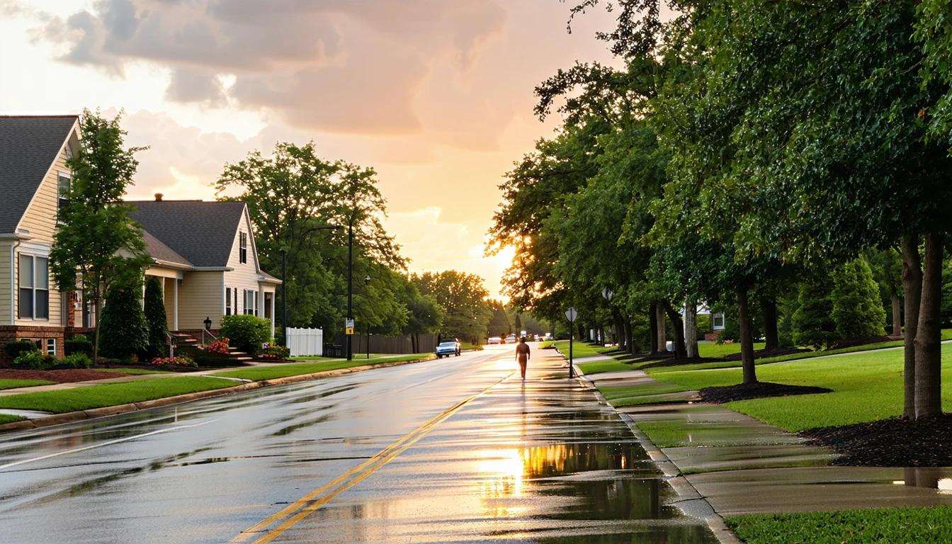 A suburban street in Silver Spring, Maryland on a sunny day after a light rain. Palm trees line the sidewalk and homes are visible in the background.