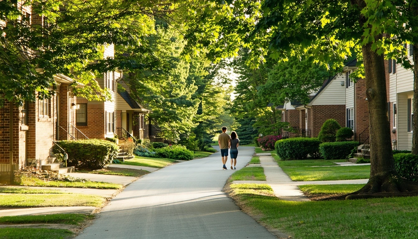 A tree-lined sidewalk curves through a residential neighborhood in Silver Spring on a sunny day, with a young couple walking and homes visible through the leaves.
