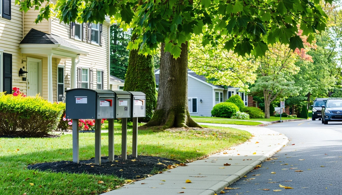 A suburban sidewalk in Silver Spring, Maryland lined with gray metal mailboxes on a sunny day.