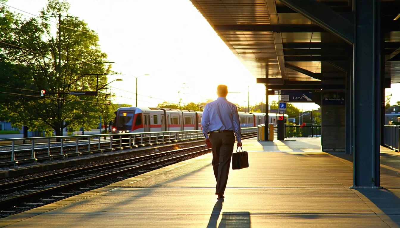 A commuter holding coffee stands alone on a light rail platform at sunrise in a suburban area.