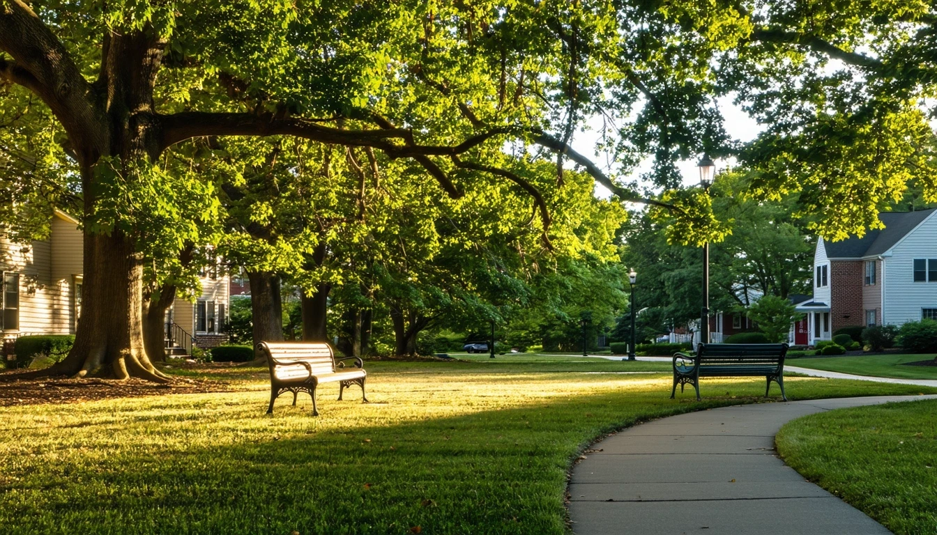 A serene park lawn in Silver Spring, MD with empty benches and old oak trees casting long shadows in the golden-hour light.