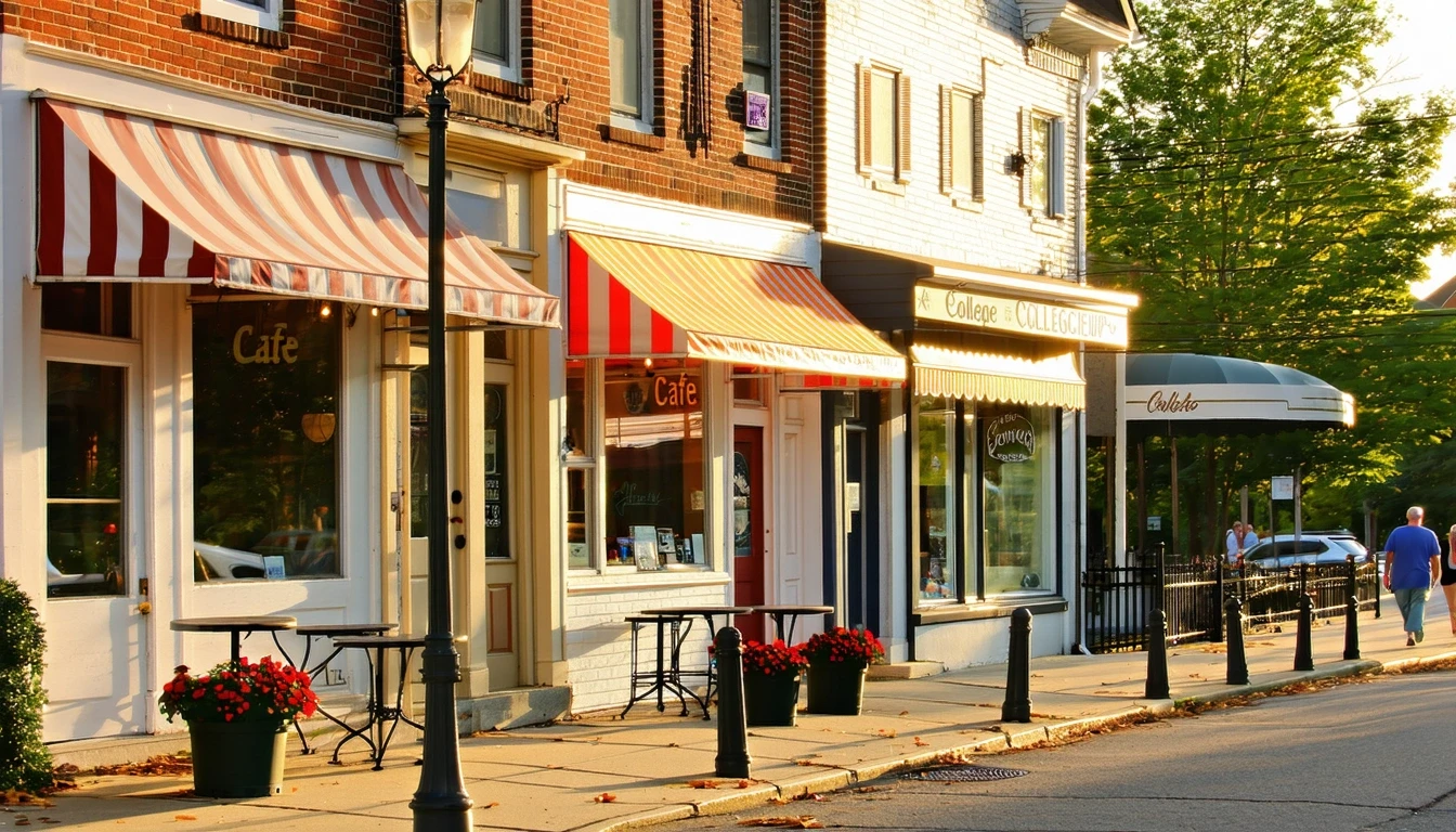 A quaint row of local shops and cafes along a neighborhood street in College Park, MD with empty patio tables and flower planters.