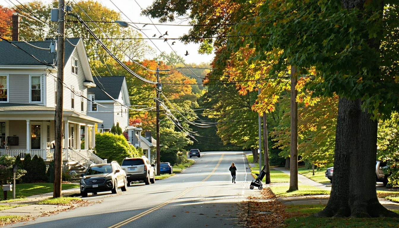 A jogger runs down a sidewalk lined with traditional homes and fall foliage in Farmington, Connecticut.