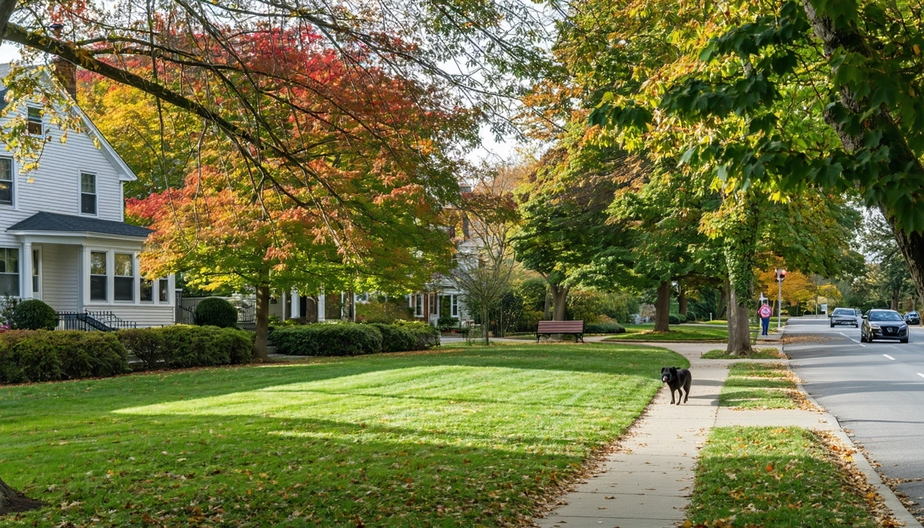 A neighborhood park in West Hartford, Connecticut with a path and bench, framed by fall foliage and houses across the street.