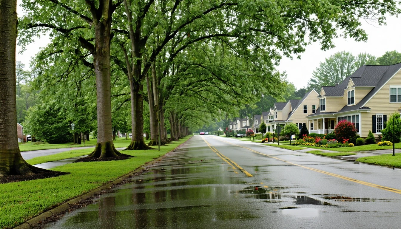 A wide avenue in Avon, Connecticut lined with palm trees and tidy homes, just after a rain shower, with puddle reflections.