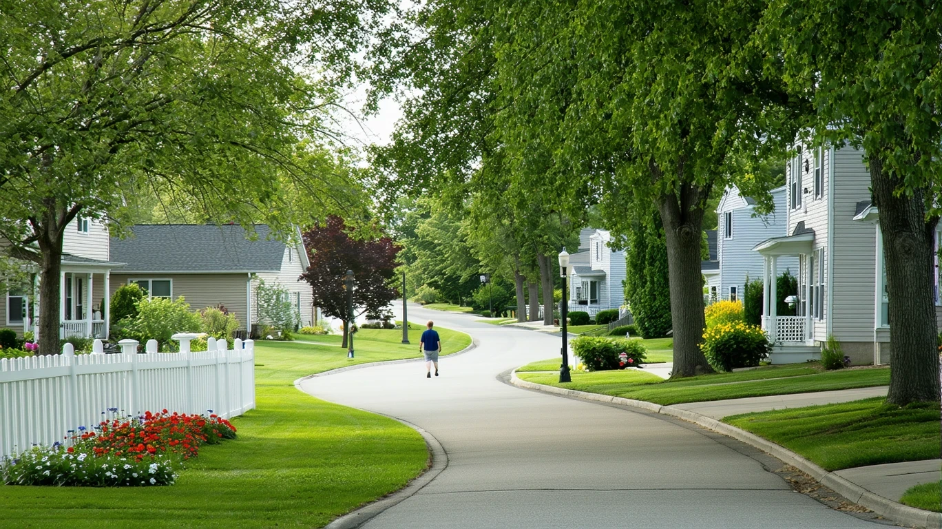 A person walks along a curving sidewalk lined with trees and tidy homes in a Taylorsville, Utah neighborhood.