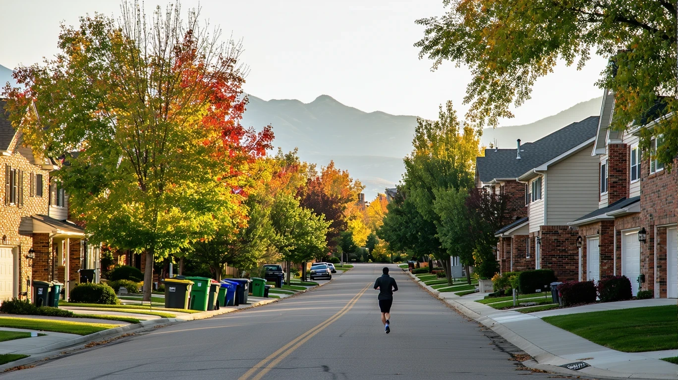 A residential street in Sandy lined with brick homes and fall foliage, with a jogger passing green waste bins on a clear autumn morning.